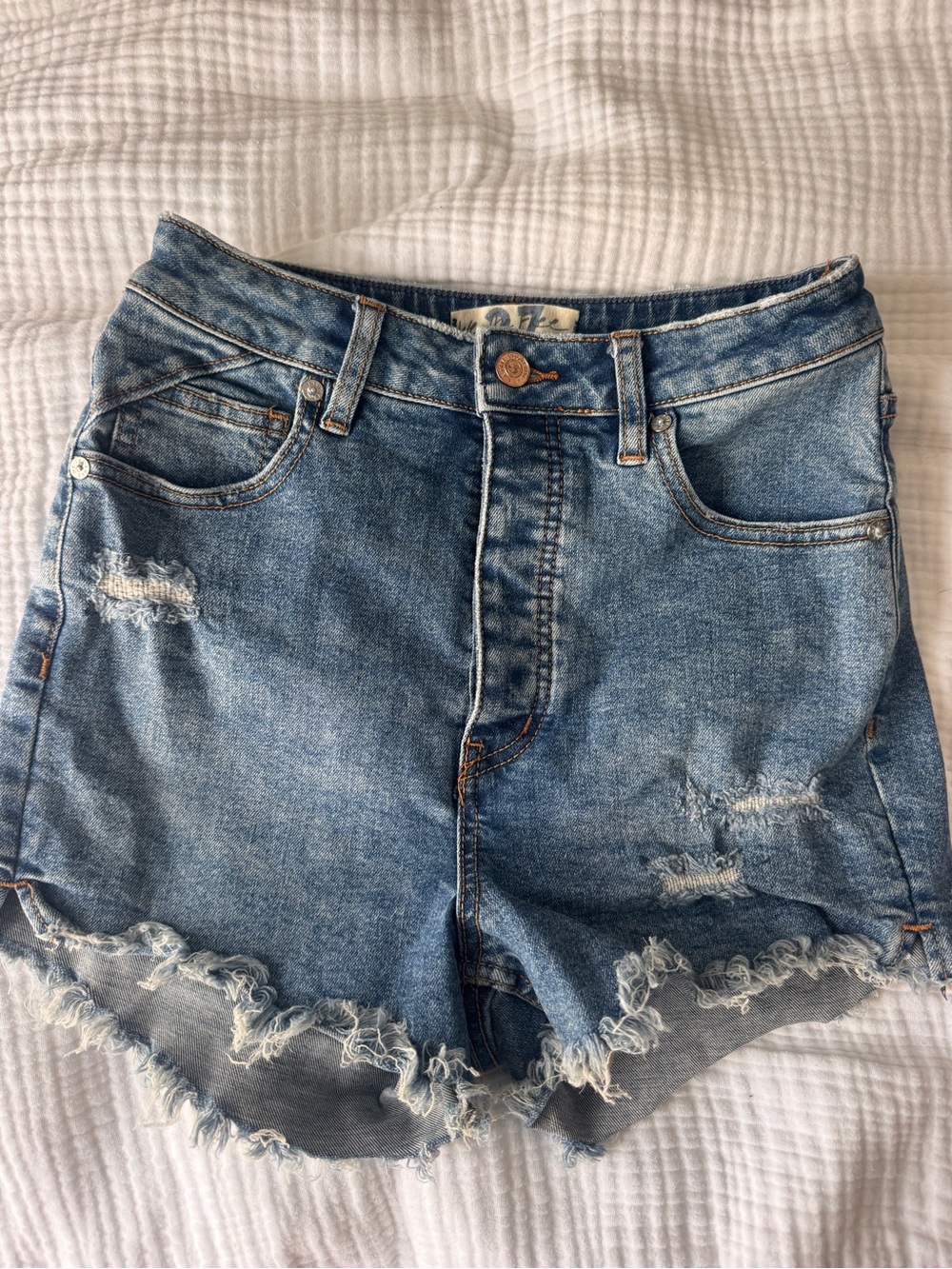 Free People Distressed High-Rise Denim Shorts - Blue - Picture 2 of 3